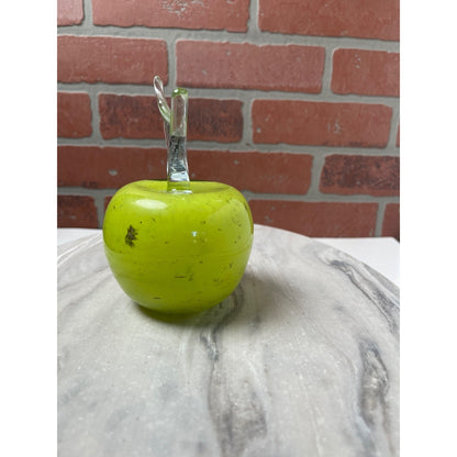 Apple Paperweight Figurine Art Glass Chartreuse Green Speckled MCM