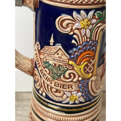 Beer Stein Gerz West Germany Musical  Pewter Lid 10" Relief Blue VTG MCM Tavern