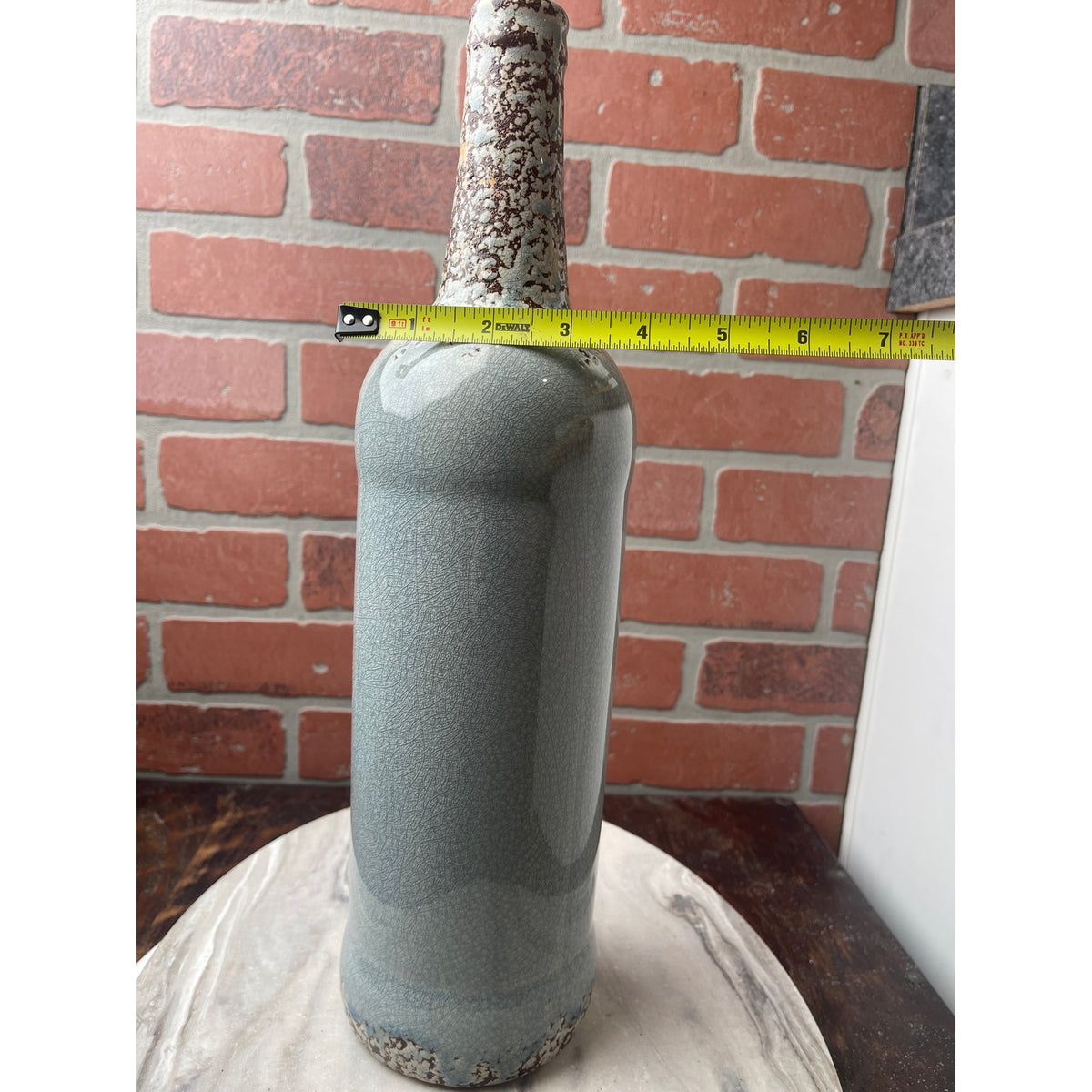 Wine Bottle Vase Blue Gray Script Scripted Pottery Ceramic Large Lords Prayer