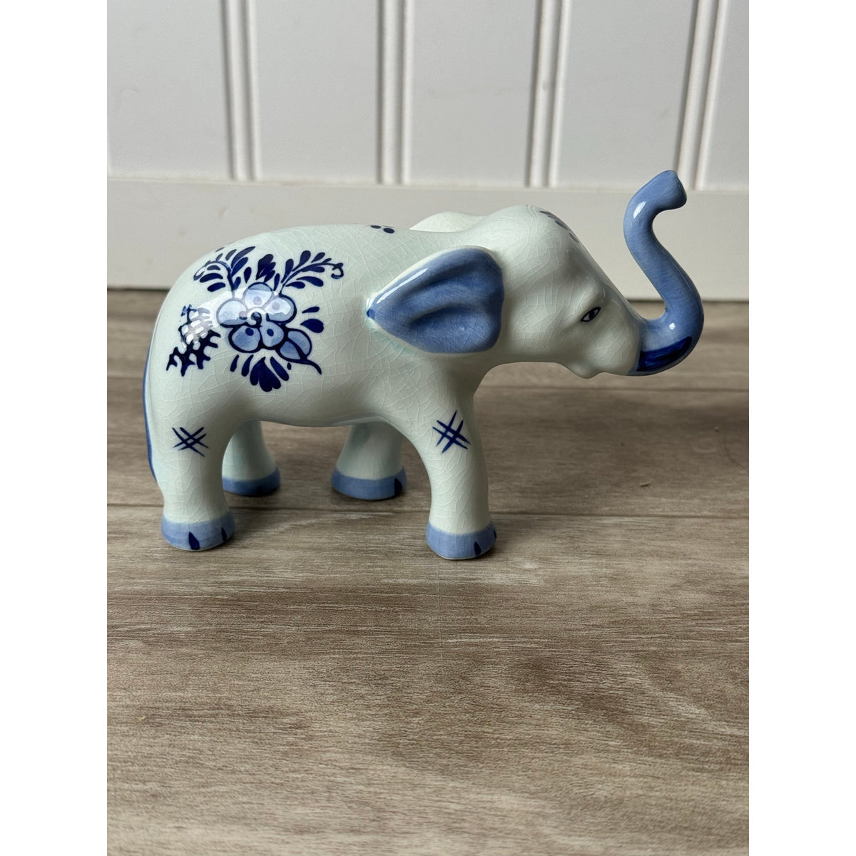 Elephant Figurine Delfts Blauw Blue White Hand Painted Windmill Floral VTG