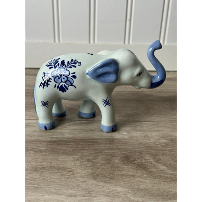 Elephant Figurine Delfts Blauw Blue White Hand Painted Windmill Floral VTG