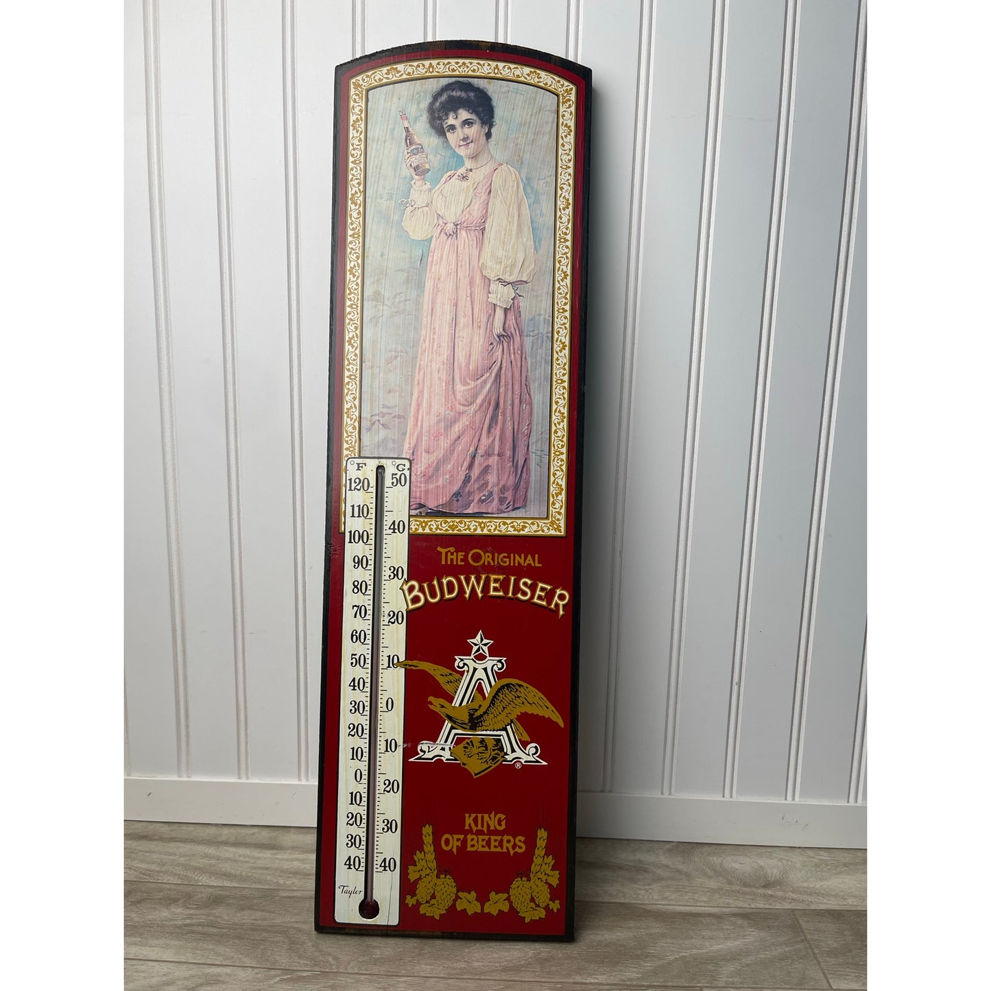 Budweiser VTG George Nathan Wood Thermometer Sign 24" King of Beers Bar Decor