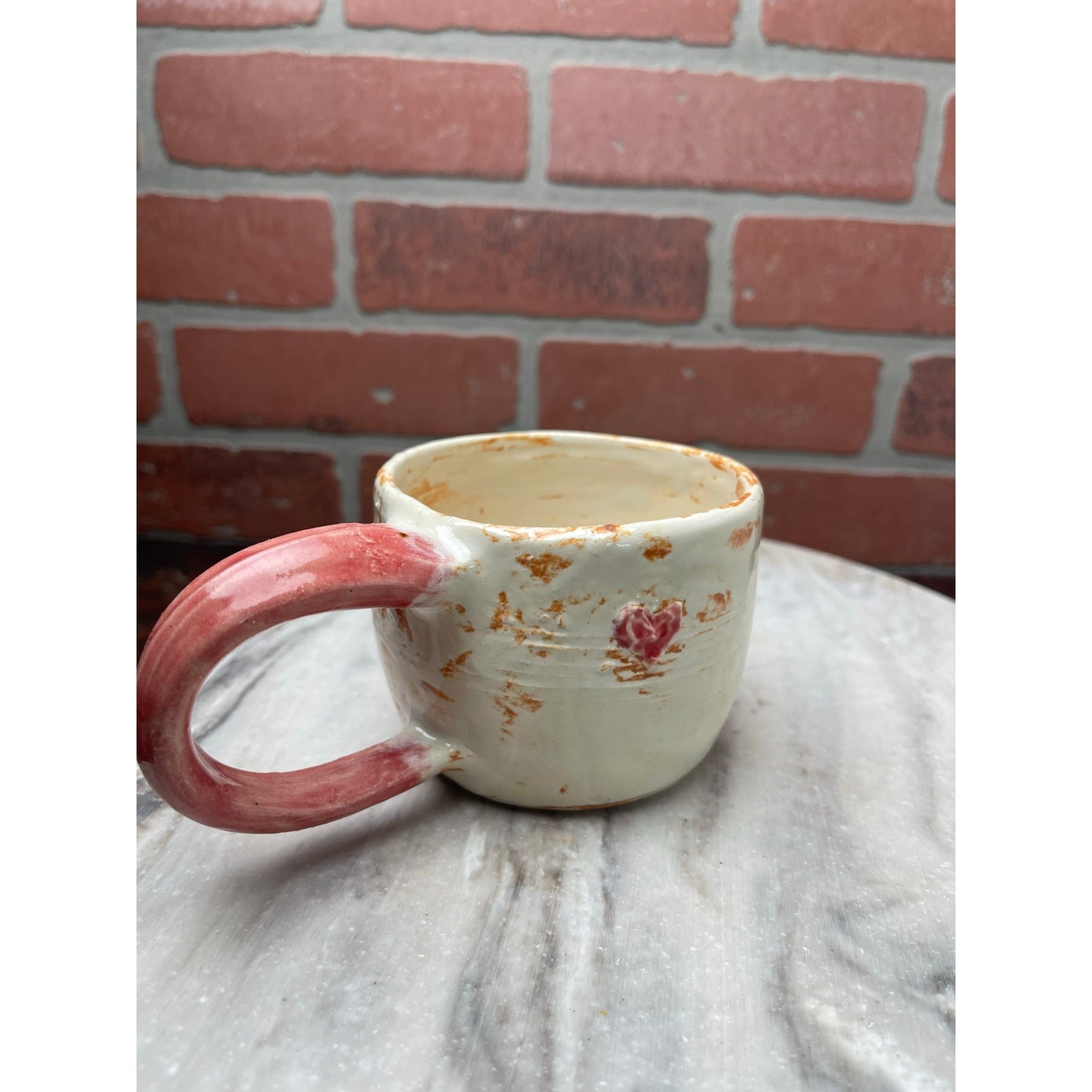 Mug Red Clay Rustic White Glaze Coffee Cup 10oz Handmade signed Ceramic Heart