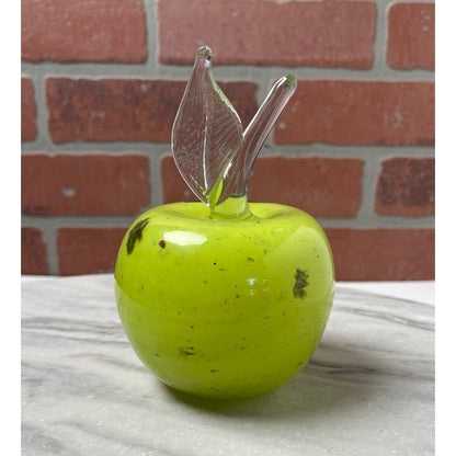 Apple Paperweight Figurine Art Glass Chartreuse Green Speckled MCM
