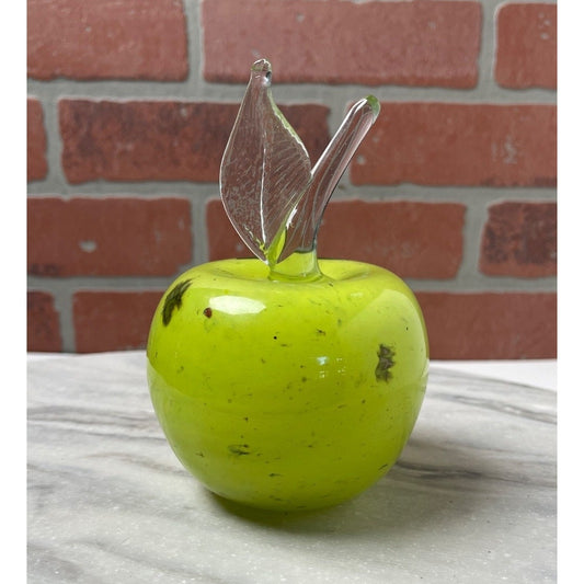 Apple Paperweight Figurine Art Glass Chartreuse Green Speckled MCM