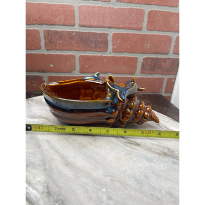 Dolphin Conch Shell Planter Trinket Dish 8" Brown Teal Drip GlZ Repaired VTG MCM