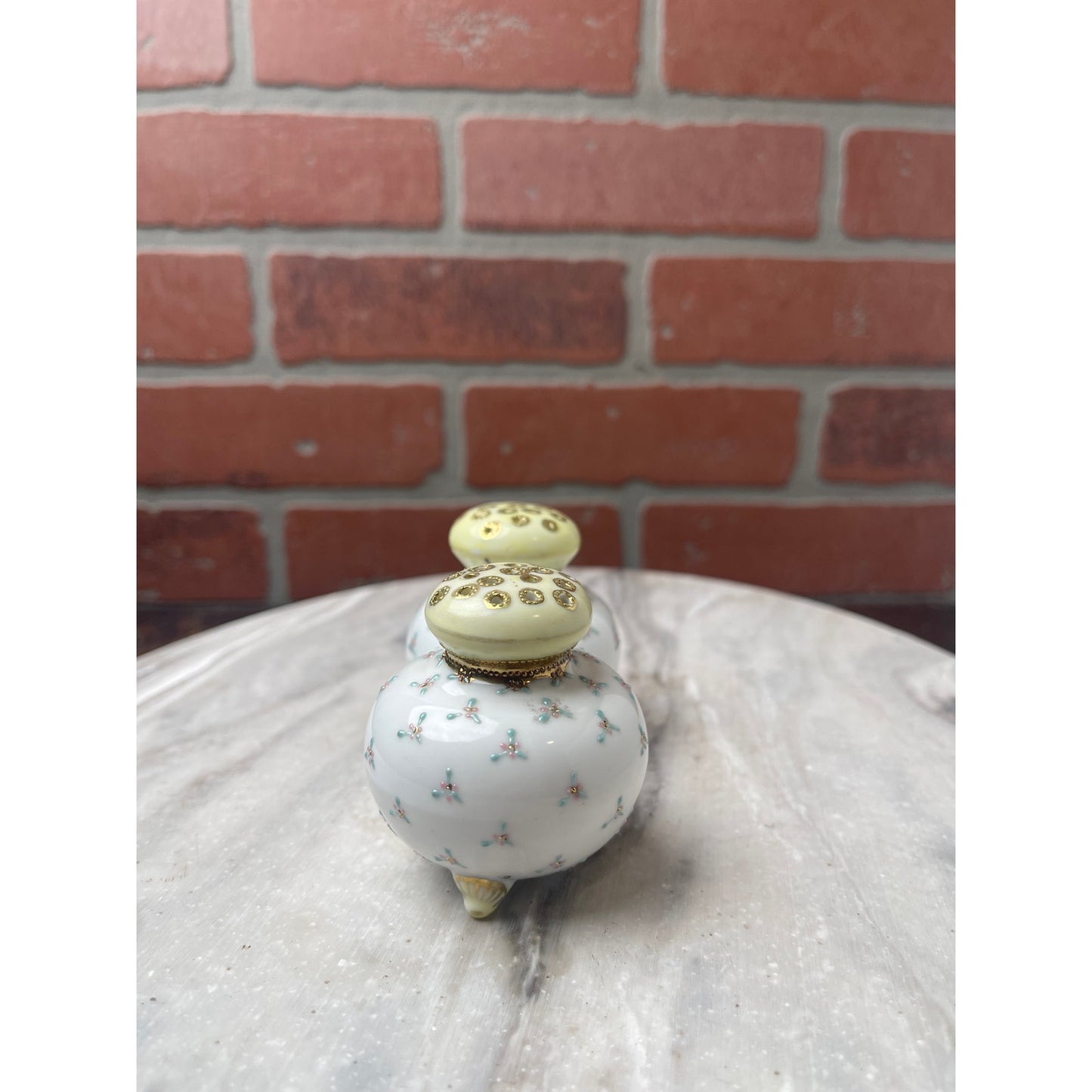 Shakers Salt Pepper Porcelain  Footed Hand Painted Floral Yellow Gold White VTG