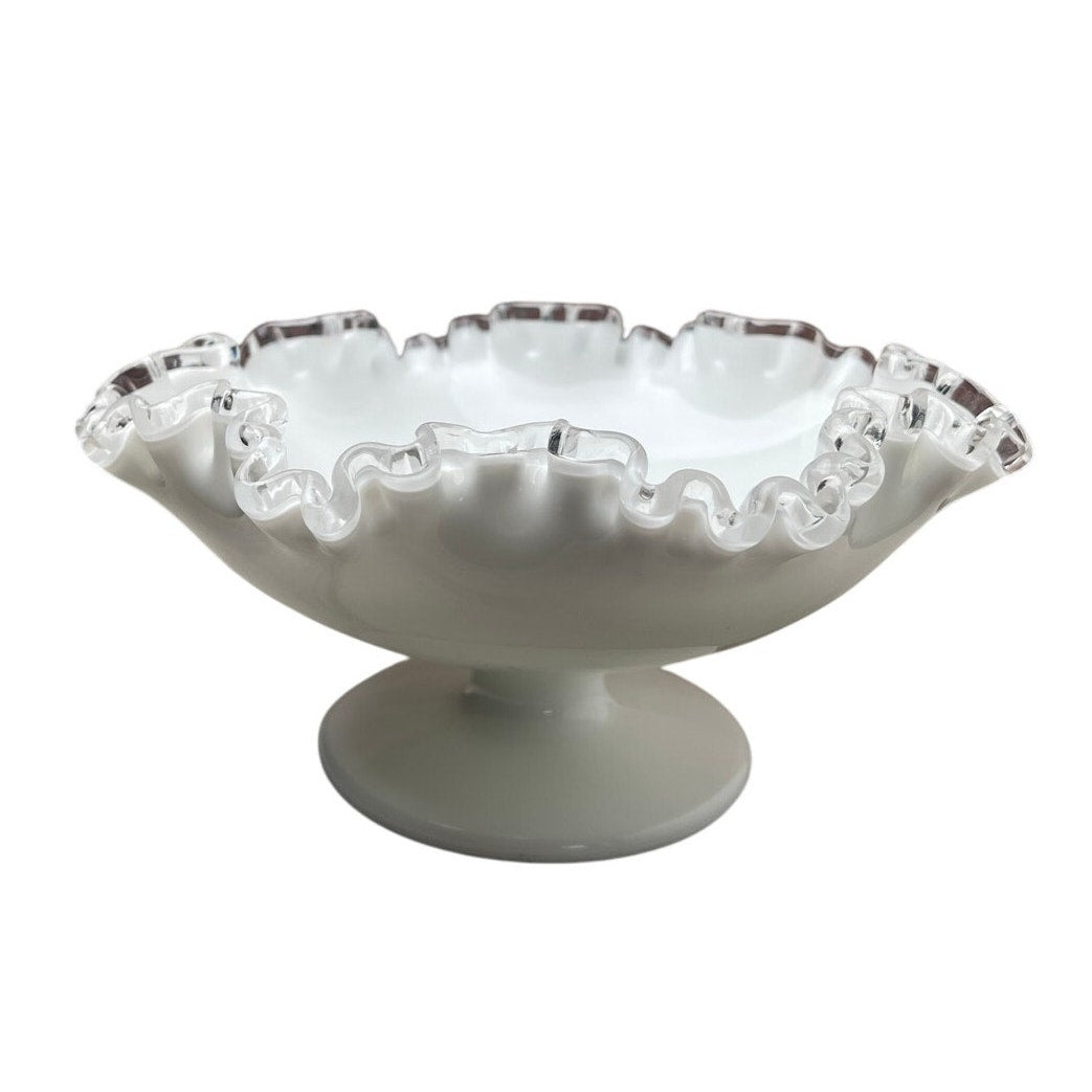 Candy Dish Bowl Fenton Silver Crest Bowl, White Milk Glass Ruffled , Retro VTG