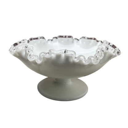 Candy Dish Bowl Fenton Silver Crest Bowl, White Milk Glass Ruffled , Retro VTG