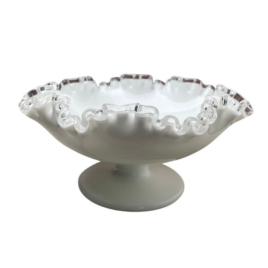 Candy Dish Bowl Fenton Silver Crest Bowl, White Milk Glass Ruffled , Retro VTG