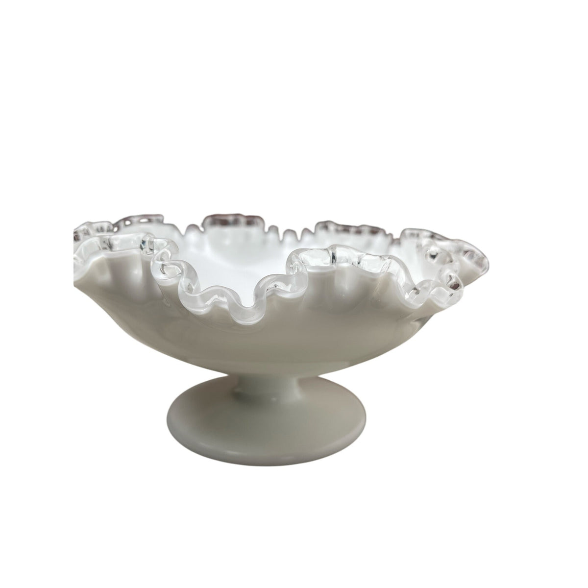 Candy Dish Bowl Fenton Silver Crest Bowl, White Milk Glass Ruffled , Retro VTG