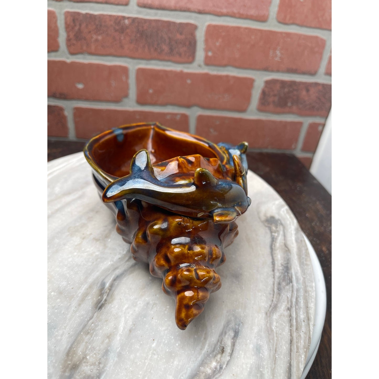 Dolphin Conch Shell Planter Trinket Dish 8" Brown Teal Drip GlZ Repaired VTG MCM